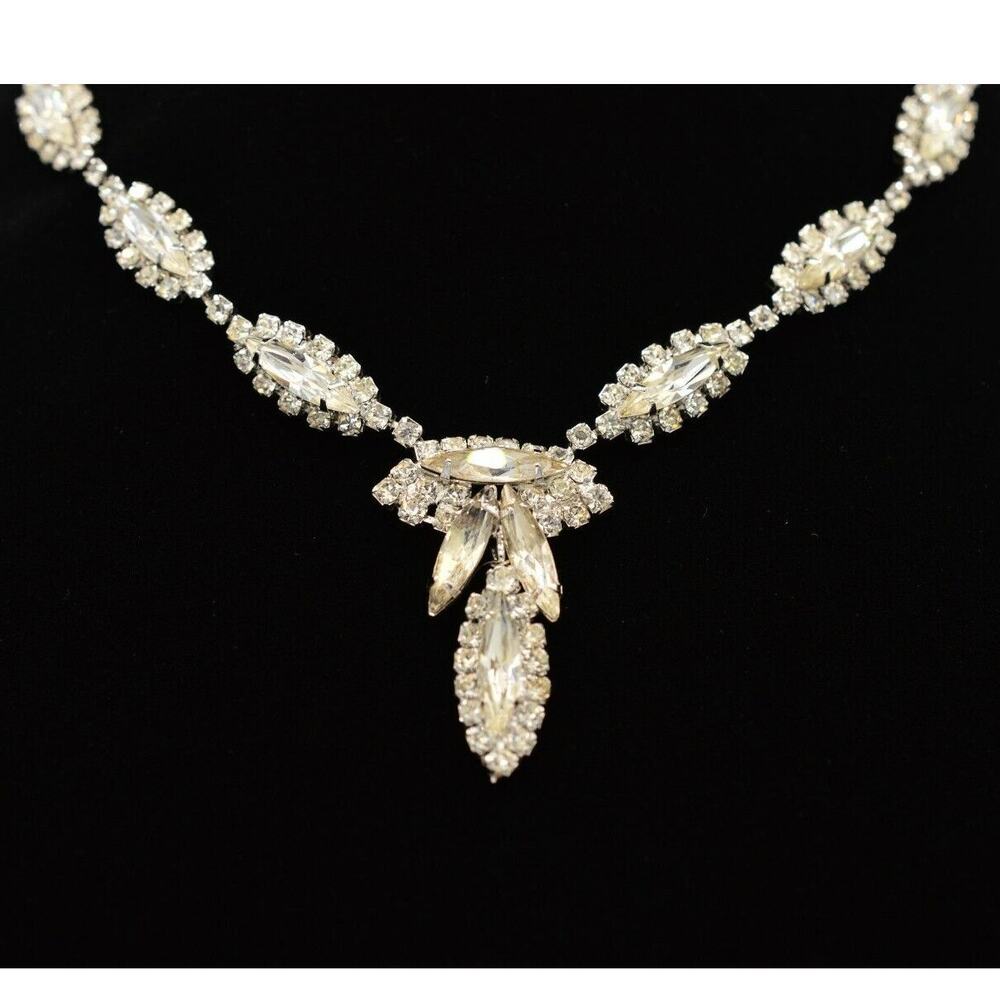 Weiss Vintage Crystal Collar Necklace Marquis Rhinestone Silver Signed 80s Bin1